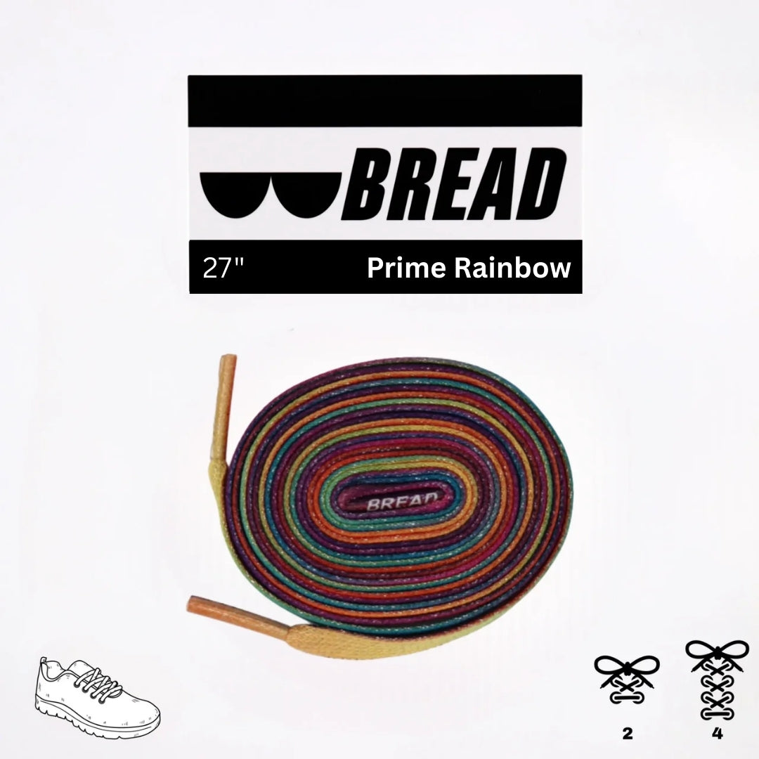 Colorful shoelace with 'BREAD' branding on a white background