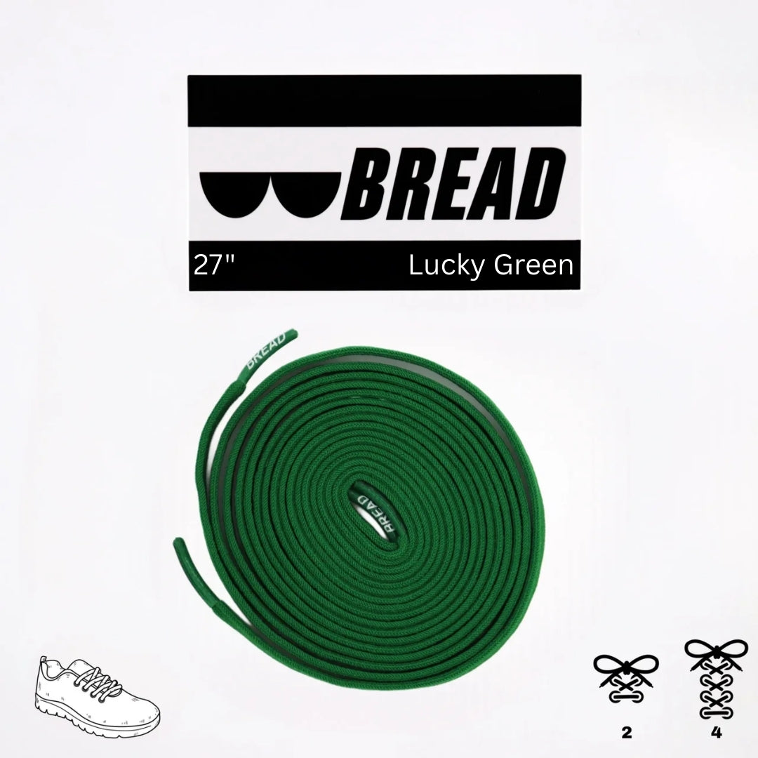 Green shoelace with 'BREAD' branding on a white background