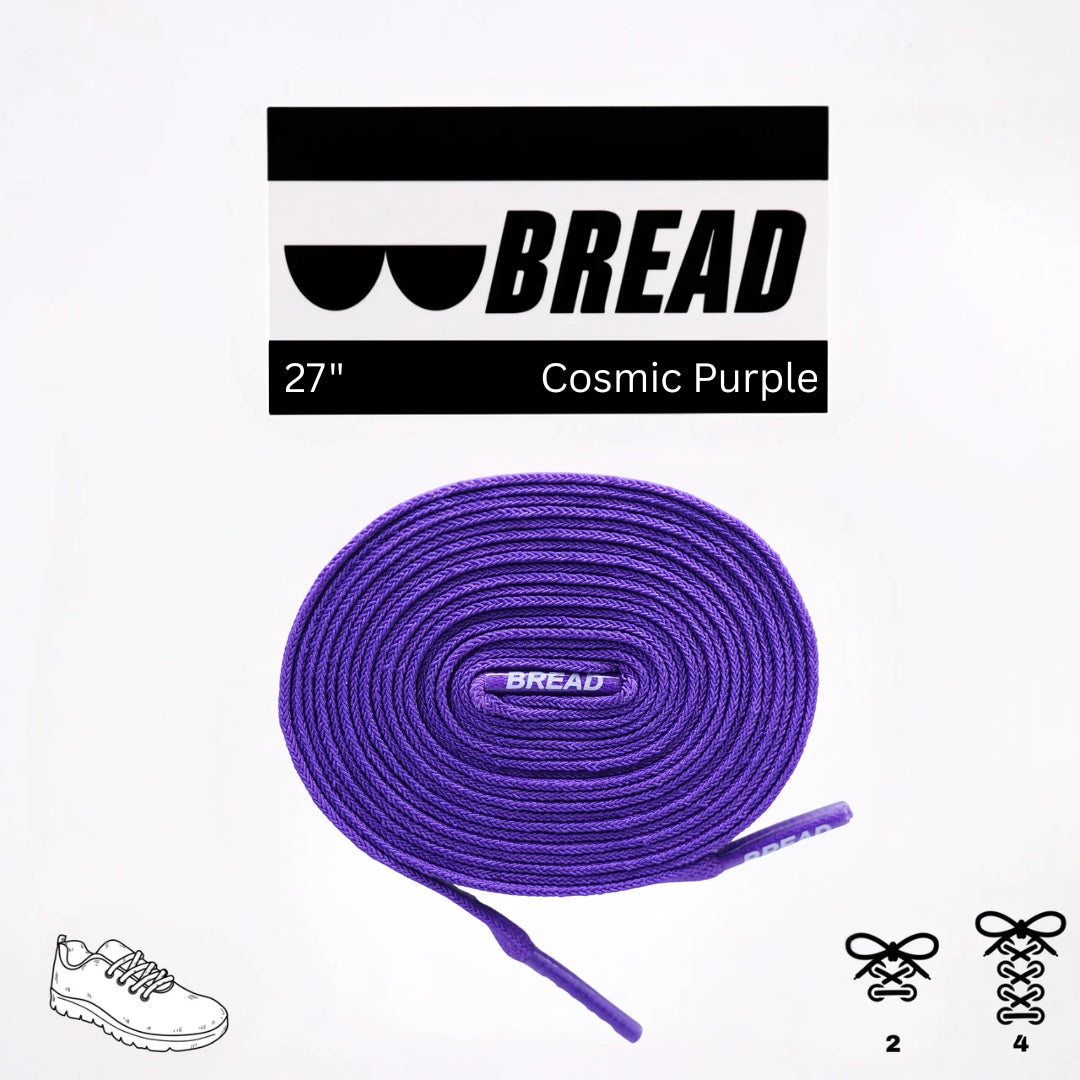 Purple shoelaces with 'BREAD' branding on a white background