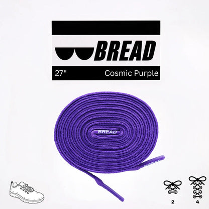 Purple shoelaces with 'BREAD' branding on a white background