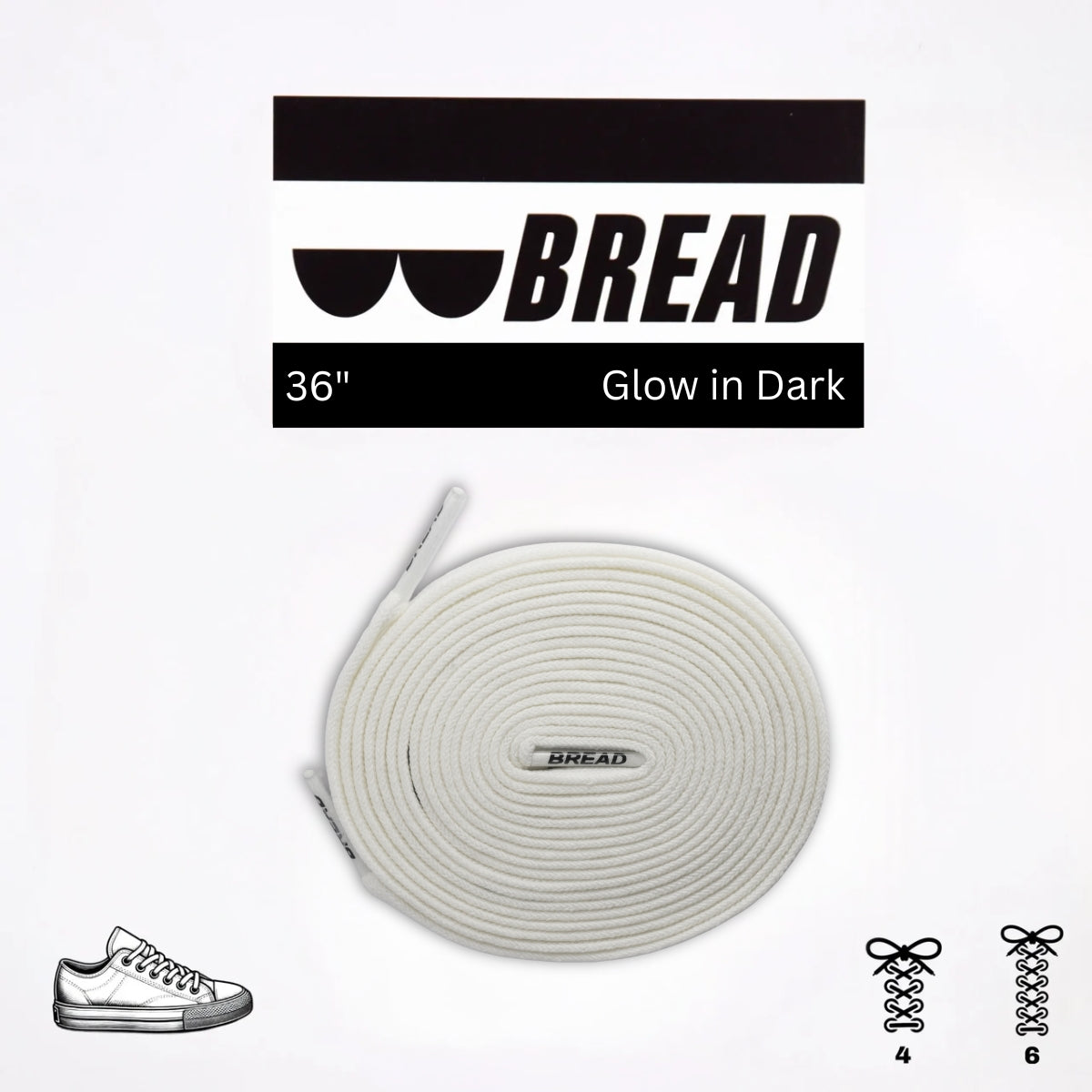 Glow in the dark shoelace with 'BREAD' branding on a white background