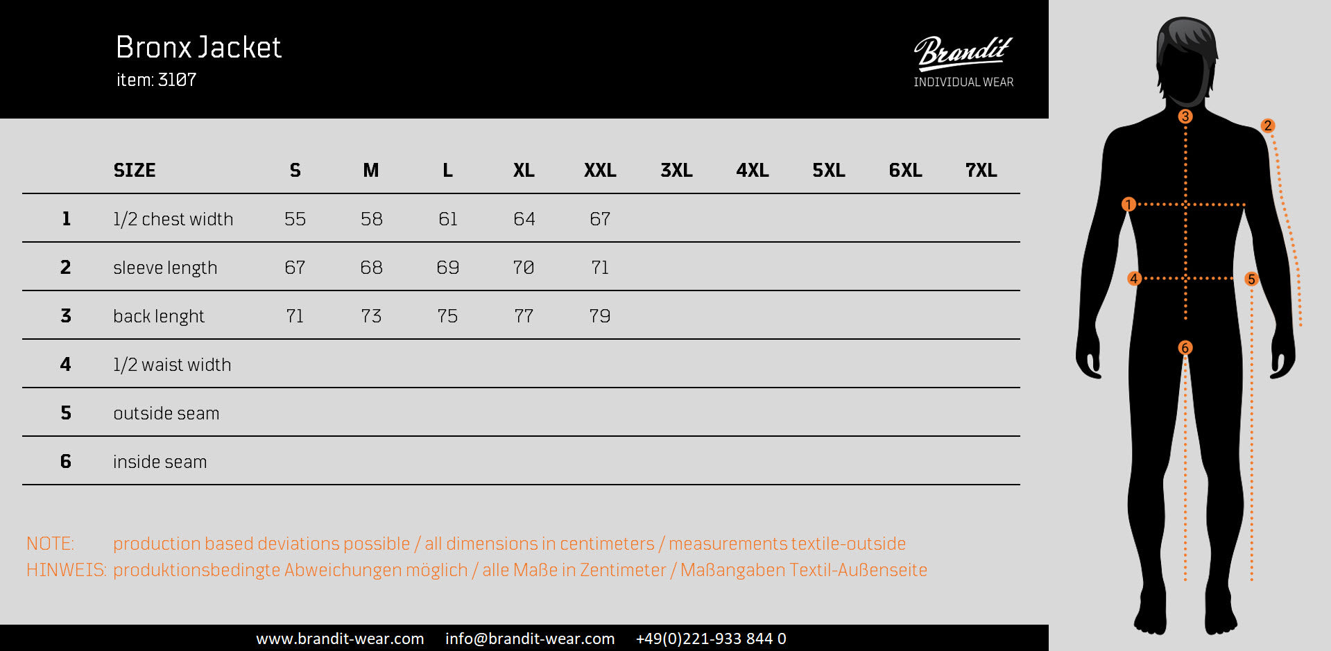 Brandit Hooded Short Jacket size chart