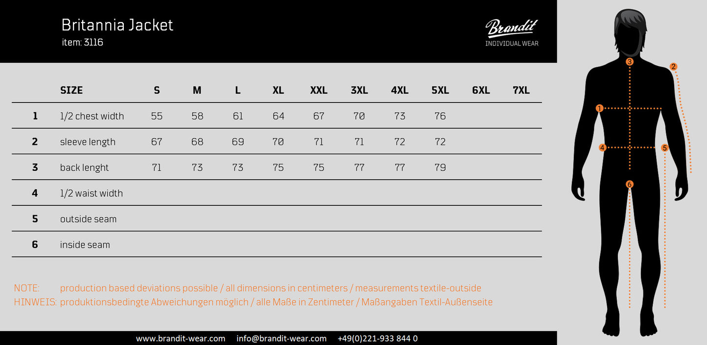 Brandit Military Jacket size chart