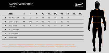 Brandit Light Quarter Zip Windbreaker Pullover size chart