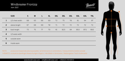 Brandit Fleece-lined Full Zip Windbreaker size chart