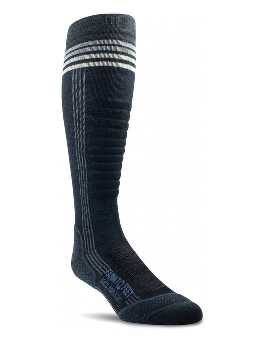 Black knee-high sock with white stripes on a white background