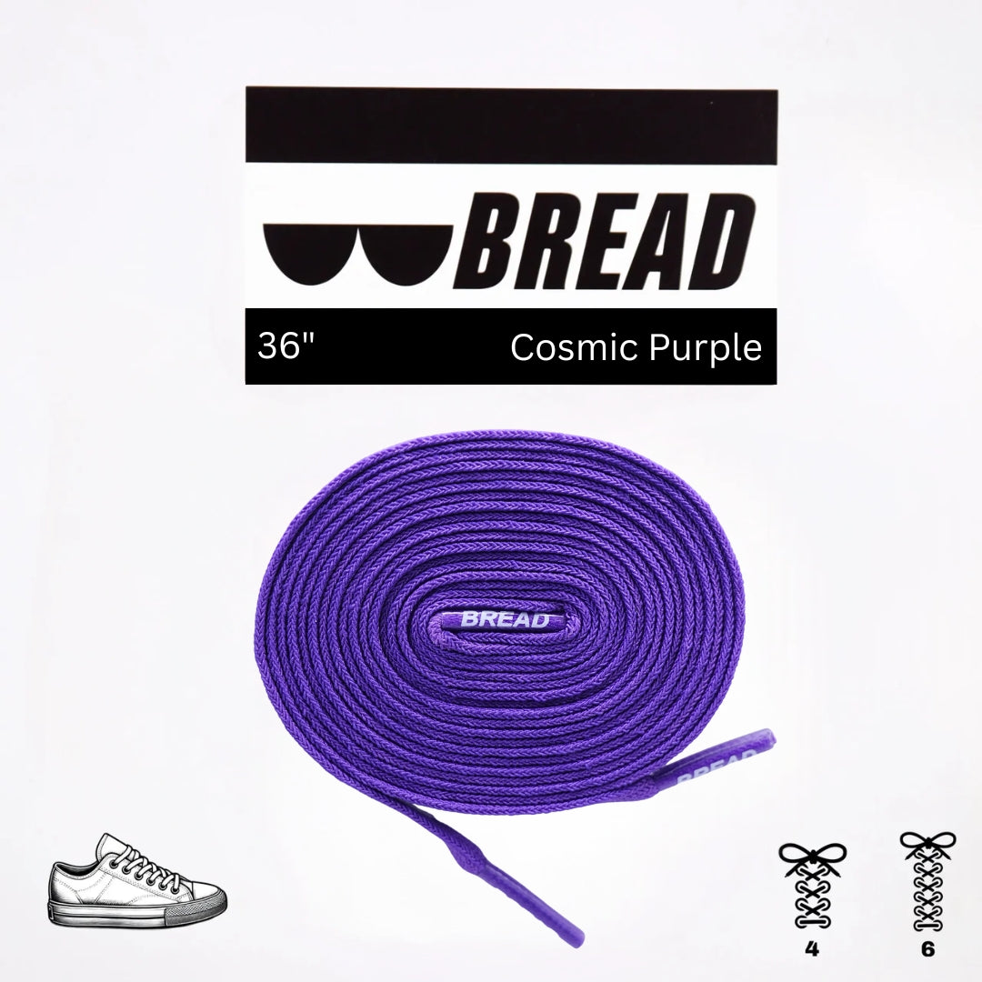 Purple shoelaces with 'BREAD' branding on a white background