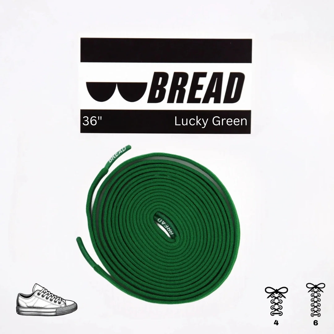 Green shoelace with 'BREAD' branding on a white background