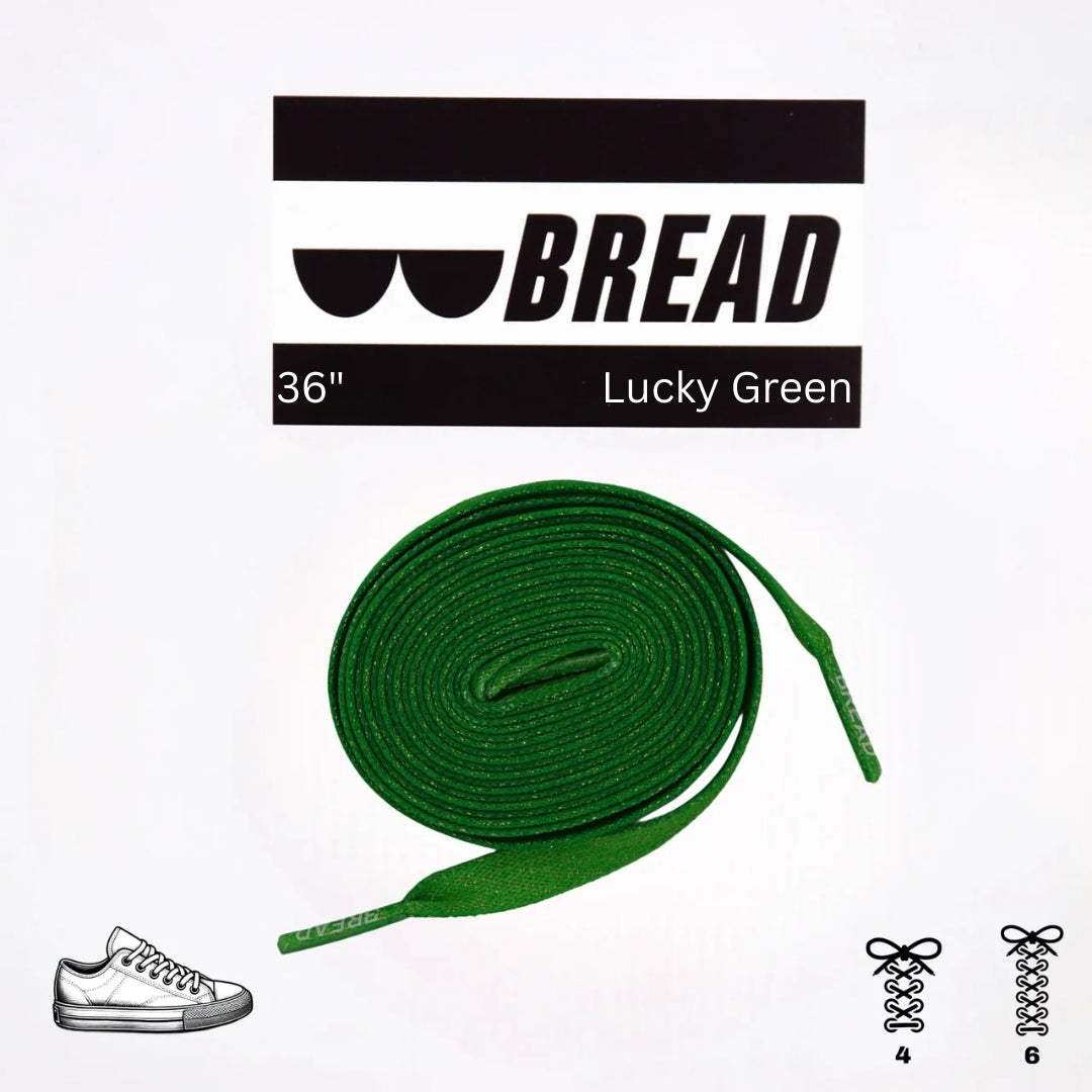 Green shoelace with 'BREAD' branding on a white background
