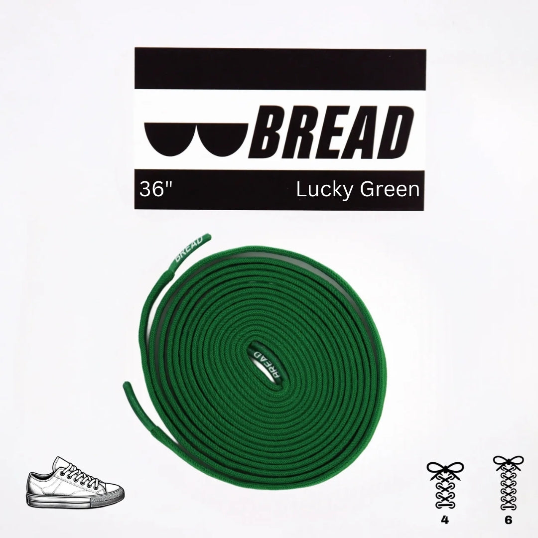 Green shoelace with 'BREAD' branding on a white background