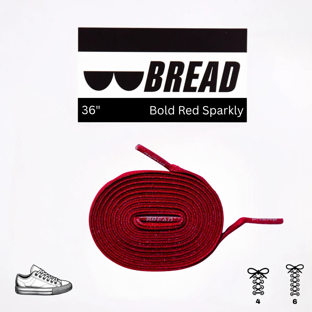 Red shoelace with 'BREAD' branding on a white background