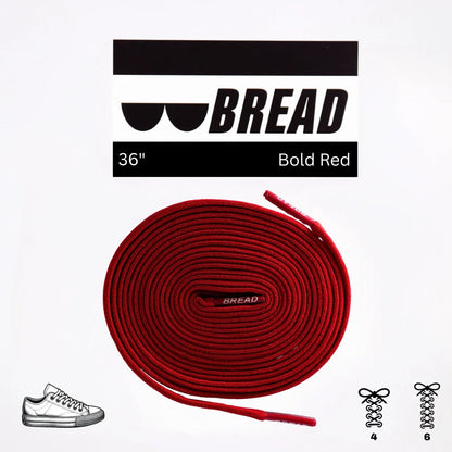 Red shoelace with 'BREAD' branding on a white background