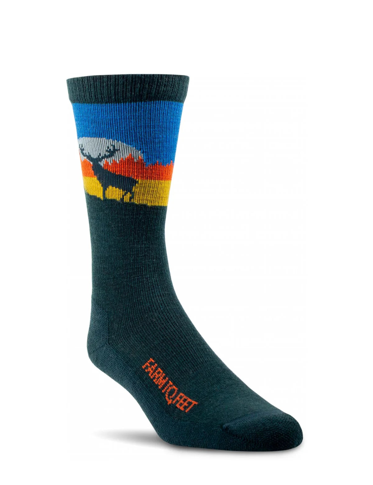 Dark green sock with a colorful design on a white background