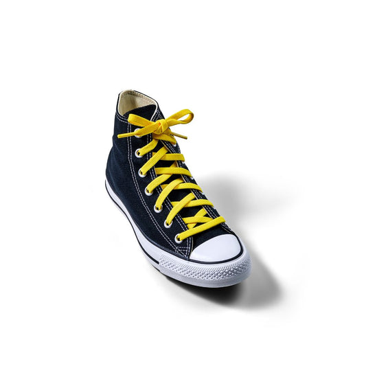 Navy high-top sneaker with yellow laces on a white background