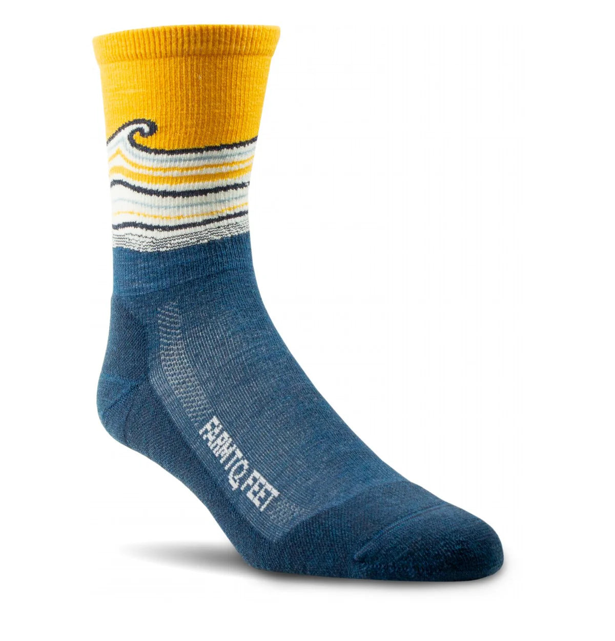 Blue sock with yellow top and striped pattern on a white background
