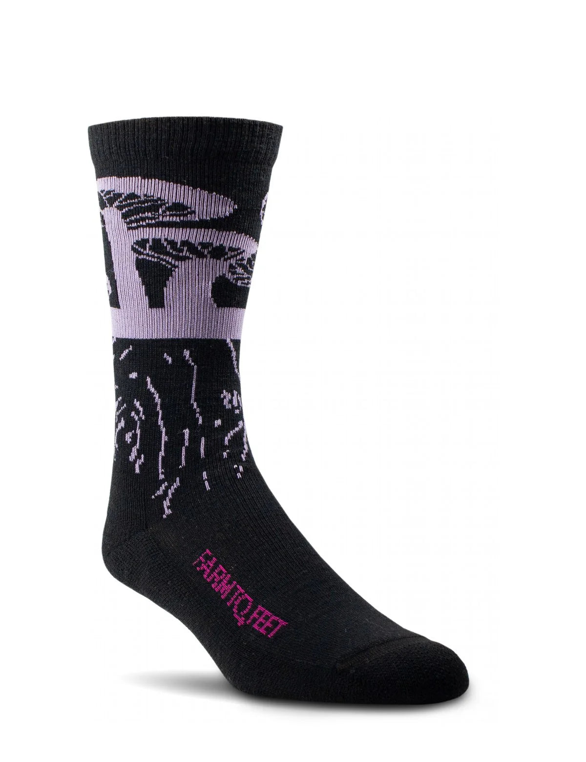 Black sock with white and purple design on a white background