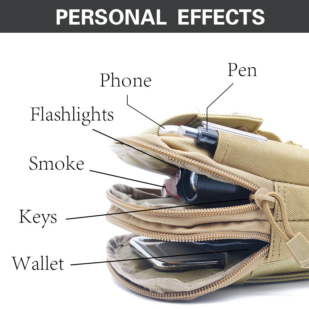 waist pack holding a pen, phone, flashlight, smoke grenade, keys, and a wallet.