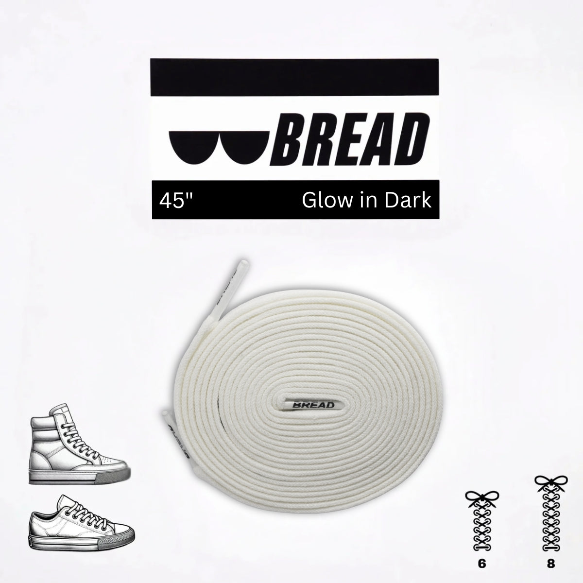 Glow-in-the-dark shoelaces with 'BREAD' branding on a white background
