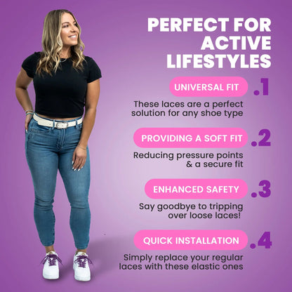 Woman wearing black t-shirt, blue jeans, and white sneakers with text on a purple background about elastic laces.