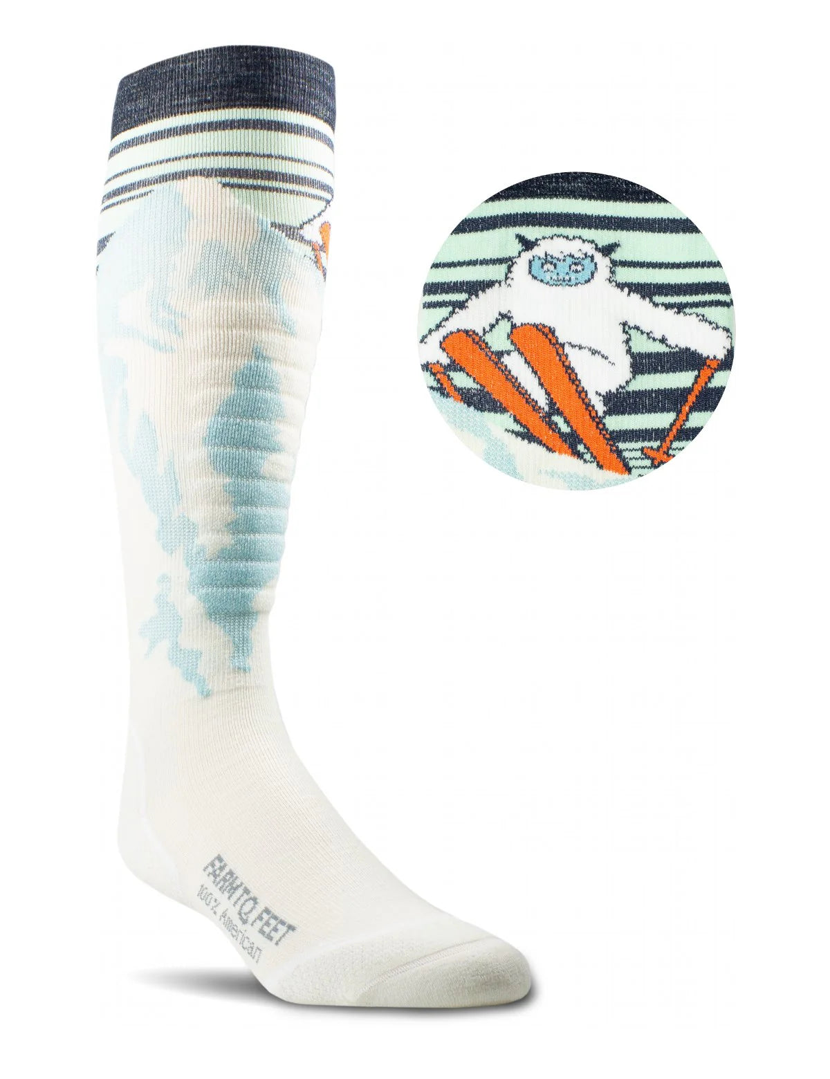 Knee-high sock with a design of a Yeti holding skis, on a white background.