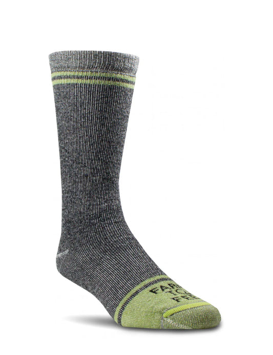 Gray and green sock with 'Fargo' branding on a white background