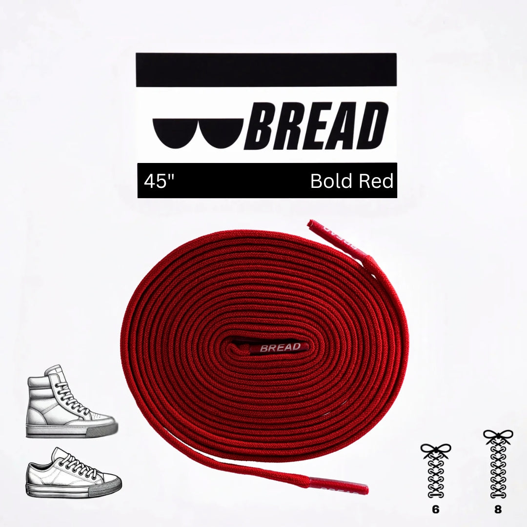 Red shoelace with 'BREAD' branding on a white background