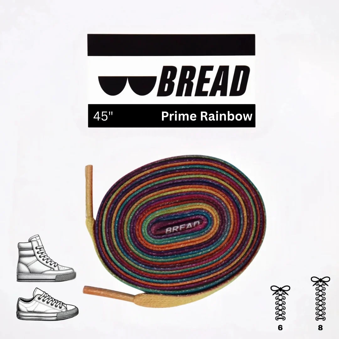 Colorful skateboard deck with 'BREAD' branding and a pair of shoes on a white background.