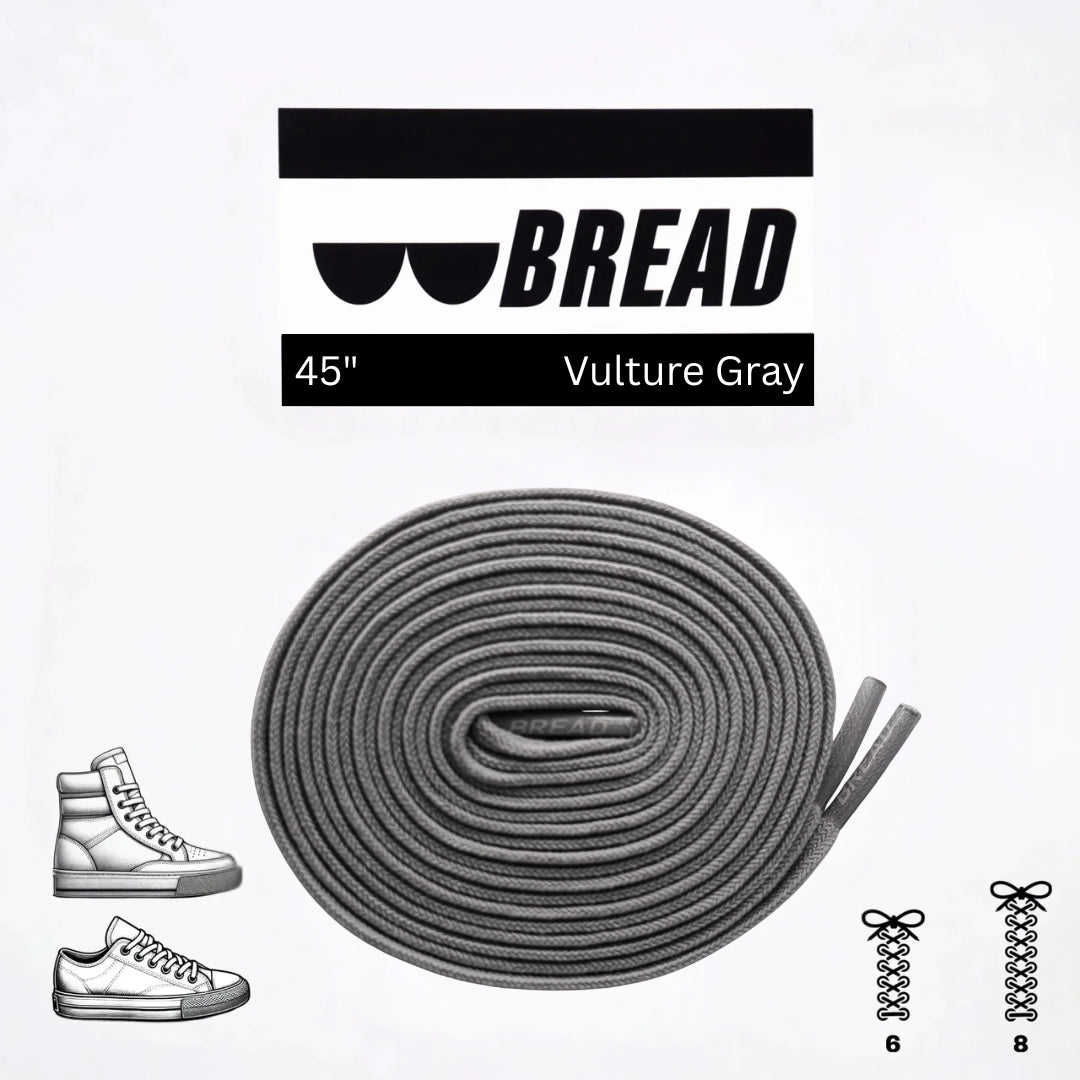 Gray shoelaces with 'BREAD' branding and product details on a white background