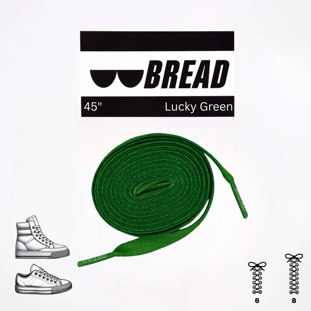 Green shoelace with 'BREAD' branding and product details on a white background