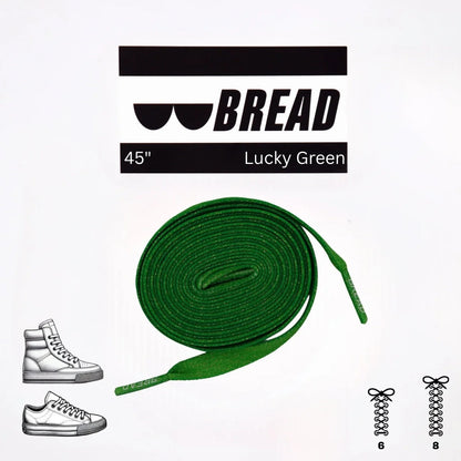 Green shoelace with 'BREAD' branding and product details on a white background