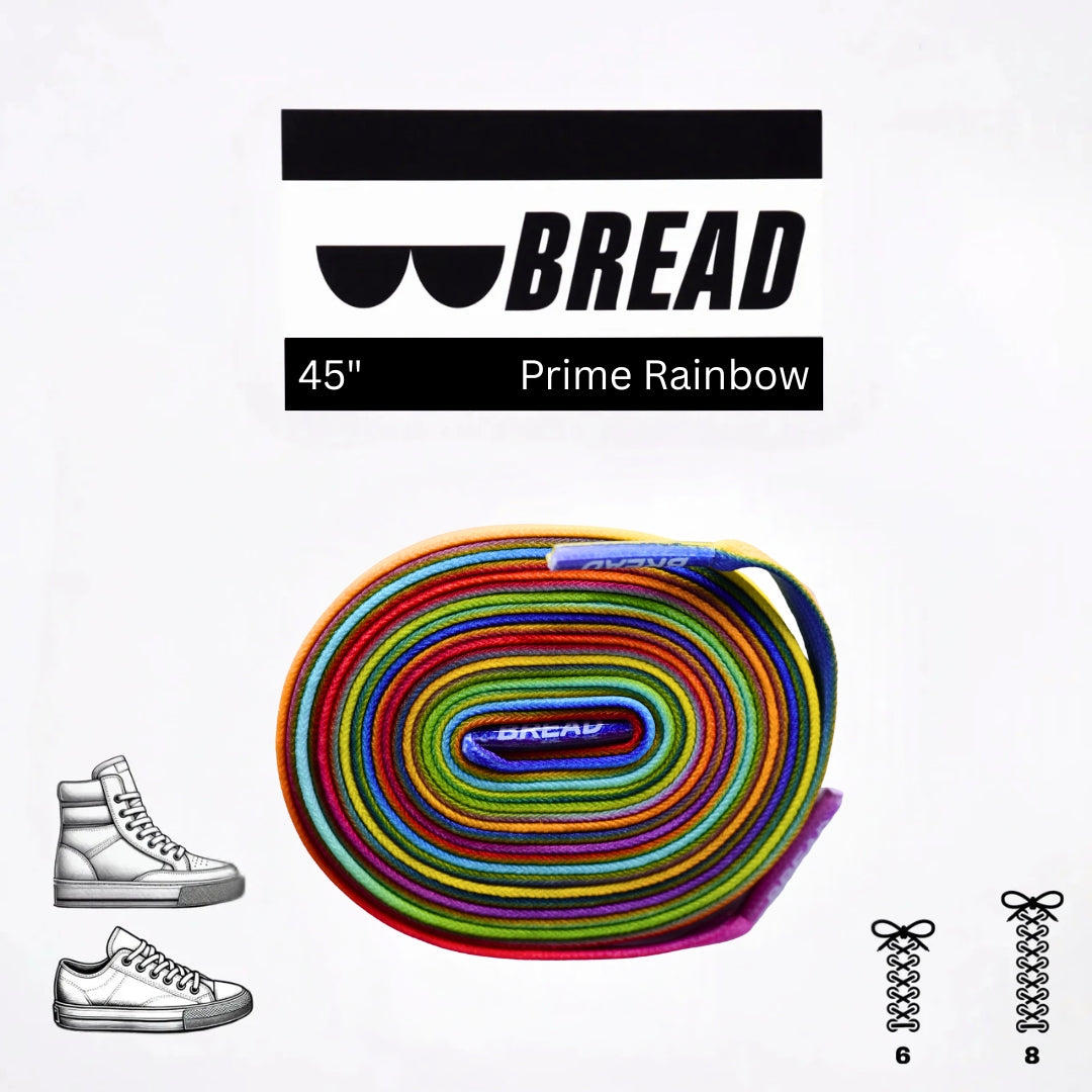 Colorful shoelace with 'BREAD' branding on a white background