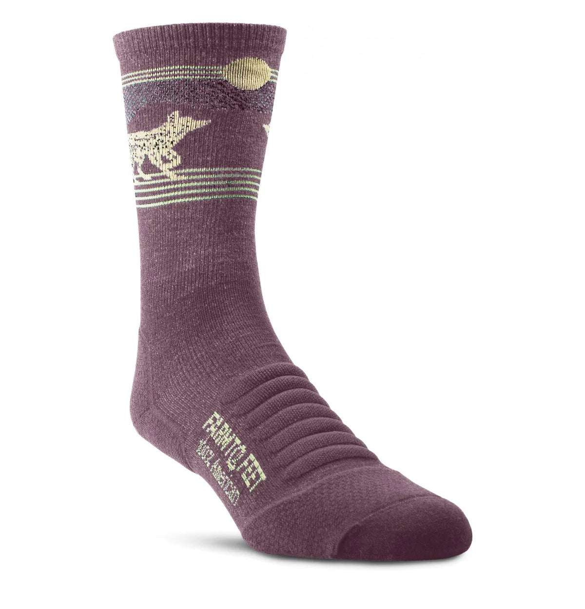 Purple sock with gold accents on a white background