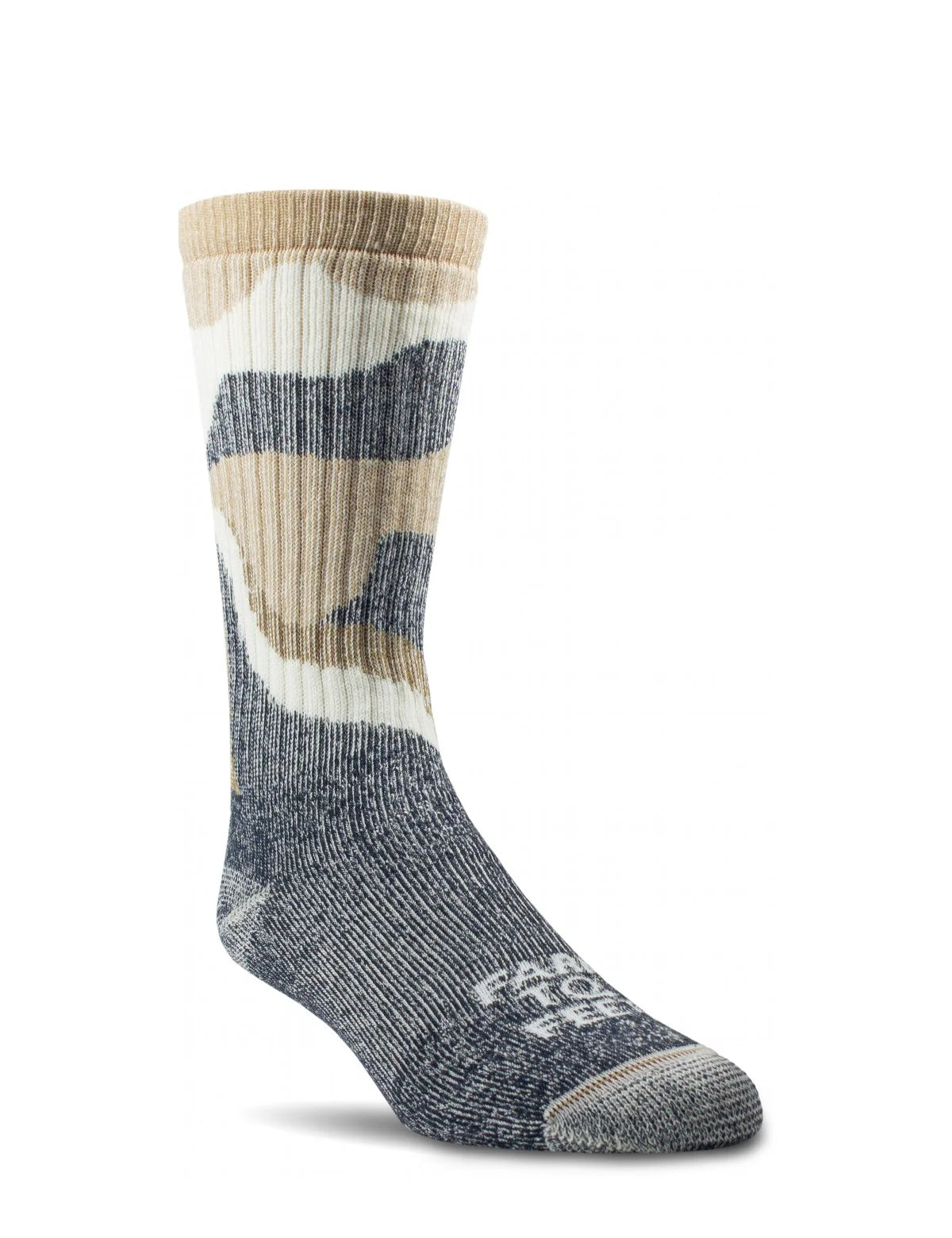 Camouflage-patterned sock on a white background