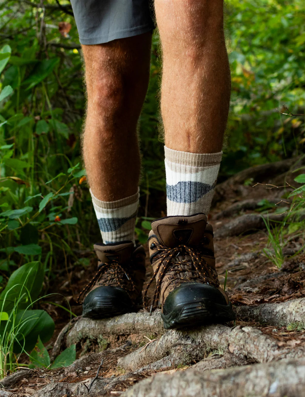 Person wearing hiking boots and striped socks standing on a rock with a natural background