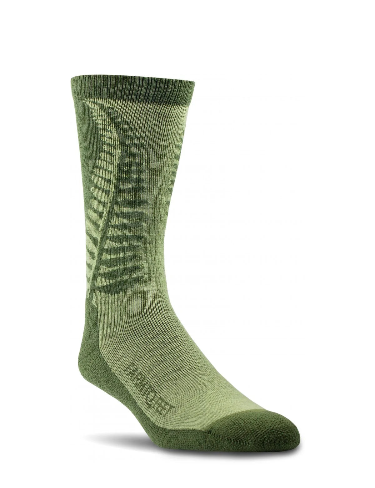 Green sock with leaf pattern on a white background