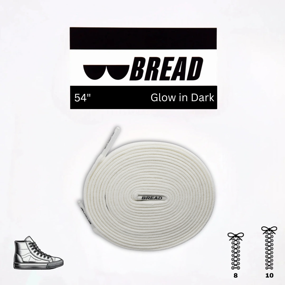 Glow in the dark shoelaces with 'BREAD' branding on a white background