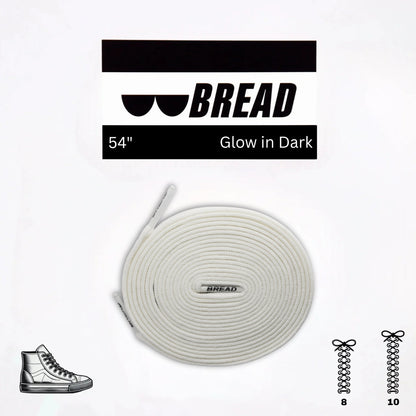 Glow in the dark shoelaces with 'BREAD' branding on a white background