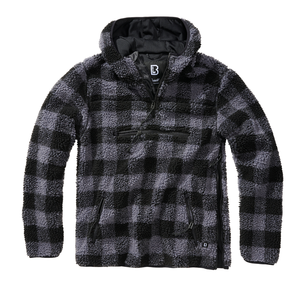Brandit Hooded Fleece Quarter Zip Pullover black and grey check