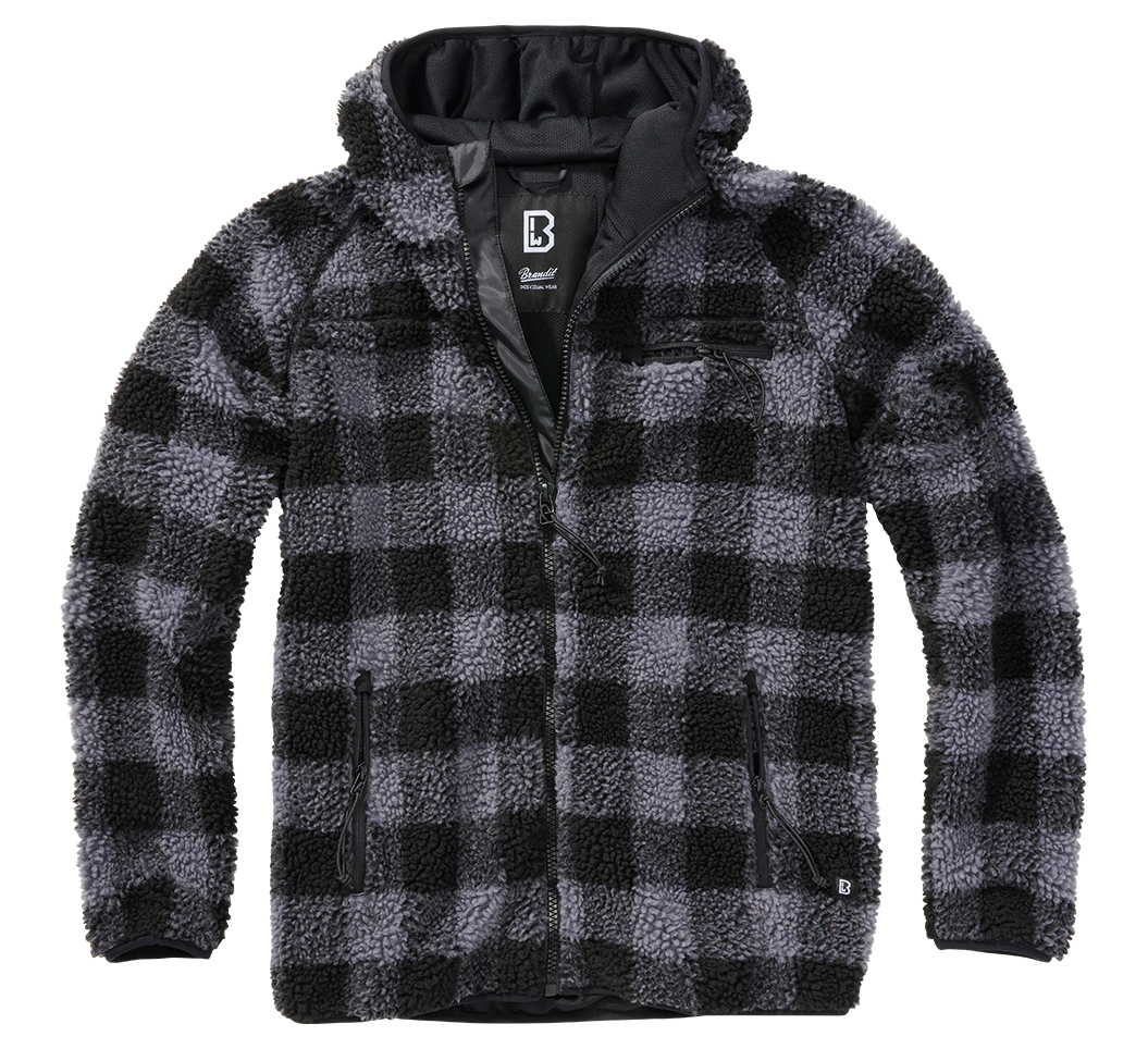 Brandit Hooded Fleece Full Zip Jacket grey checkers