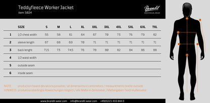 Brandit Hooded Fleece Full Zip Jacket size chart