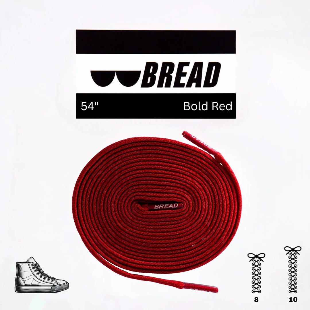 Red shoelace with 'BREAD' branding on a white background