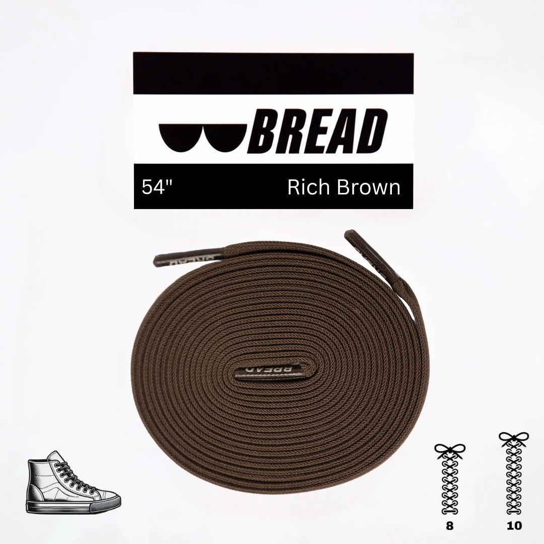 Brown shoelaces with 'BREAD' branding on a white background