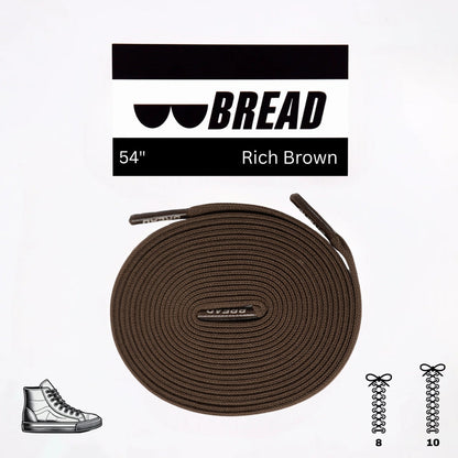 Brown shoelaces with 'BREAD' branding on a white background