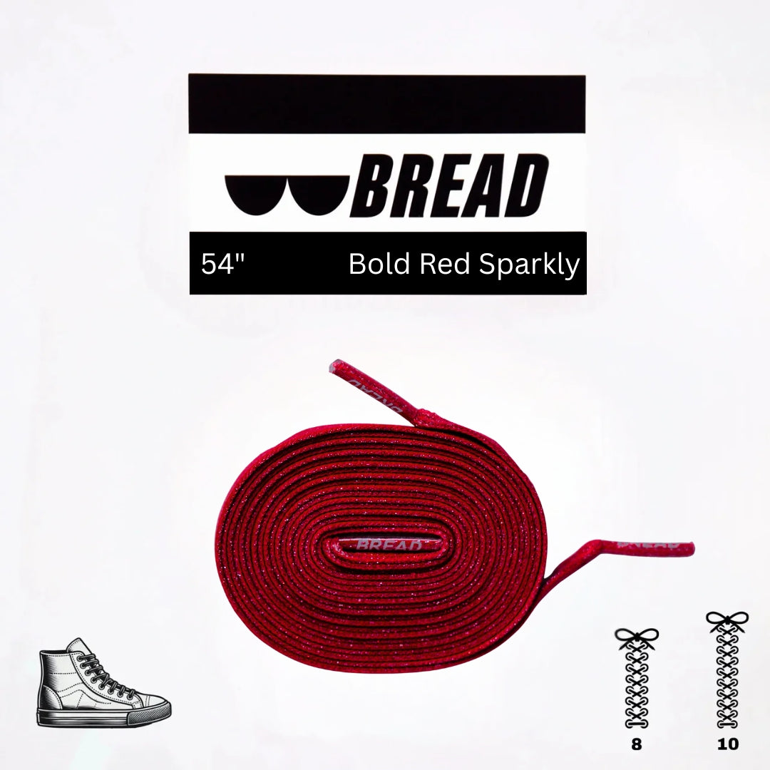 Red sparkly shoelace with 'BREAD' branding on a white background