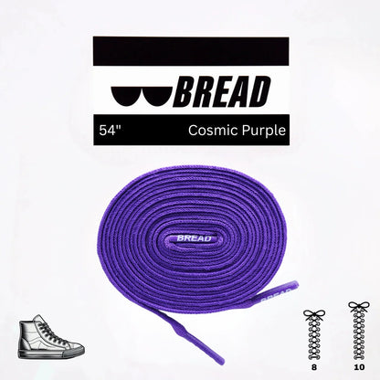 Purple shoelaces with 'BREAD' branding on a white background