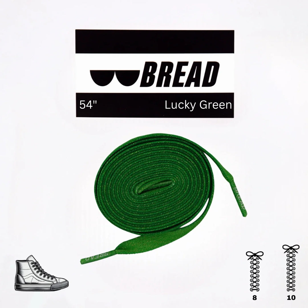 Green shoelaces with 'BREAD' branding on a white background