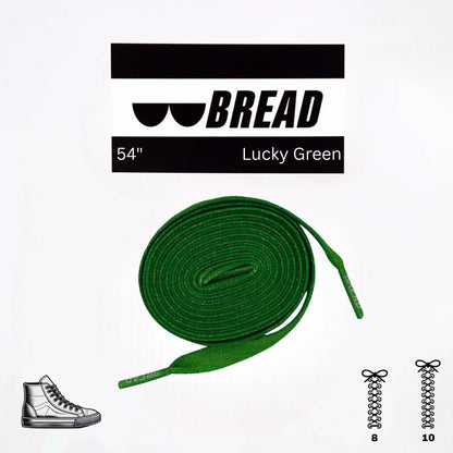 Green shoelaces with 'BREAD' branding on a white background