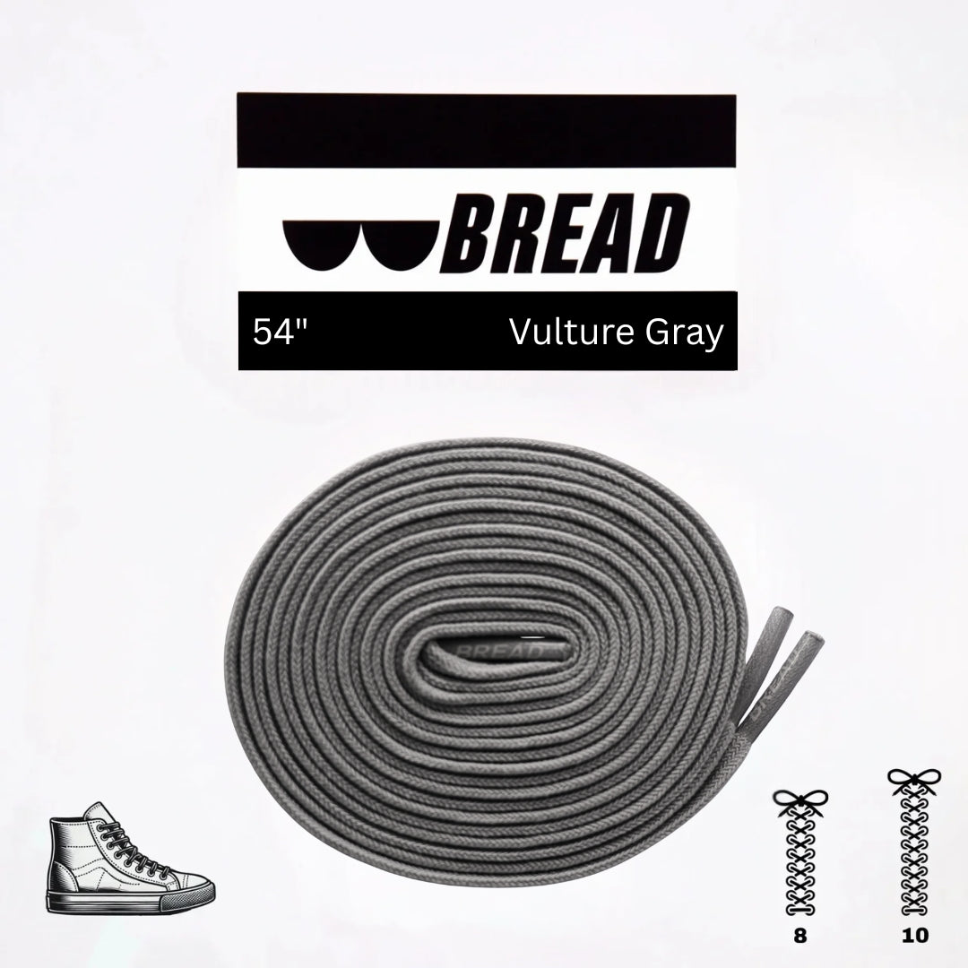 Gray shoelace with 'BREAD' branding and product details on a white background