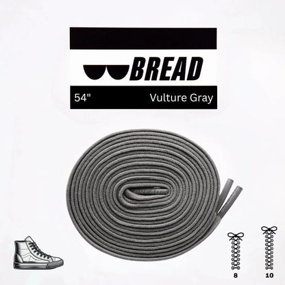 Gray shoelace with 'BREAD' branding and product details on a white background