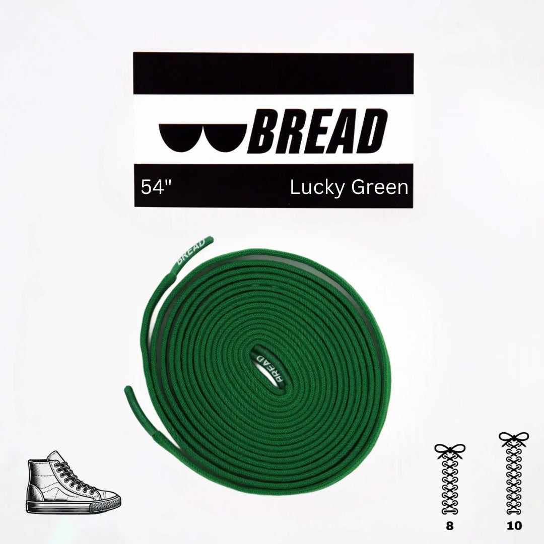 Green shoelace with 'BREAD' branding on a white background